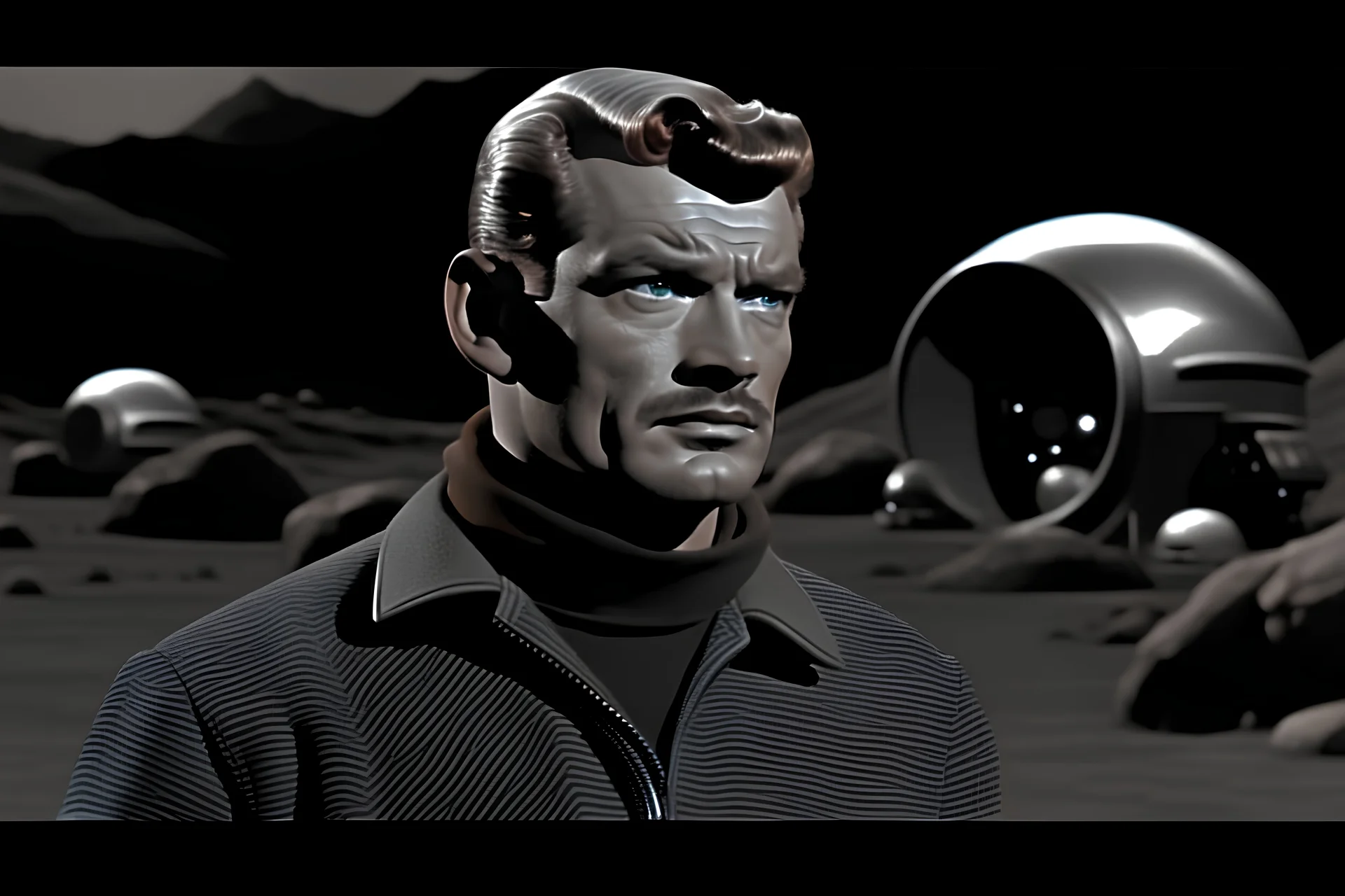 still from episode 1: Platinum Planet. perlious landing of the fleet in hostile territory starring hunky all-American ruggedly handsome beefcake with rippling musculature 1958 hit scifi wifi dystopian mystery horror detective tv series