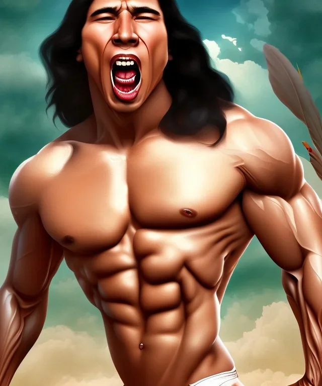 native american warrior, long black hair, big muscles, face up, mouth wide open, scream face, shirtless, looking to the sky