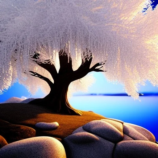 Crystal, white tree, sparkly atmosphere, fantasy, scenery, hard edges, no leaves, rocky shoreline