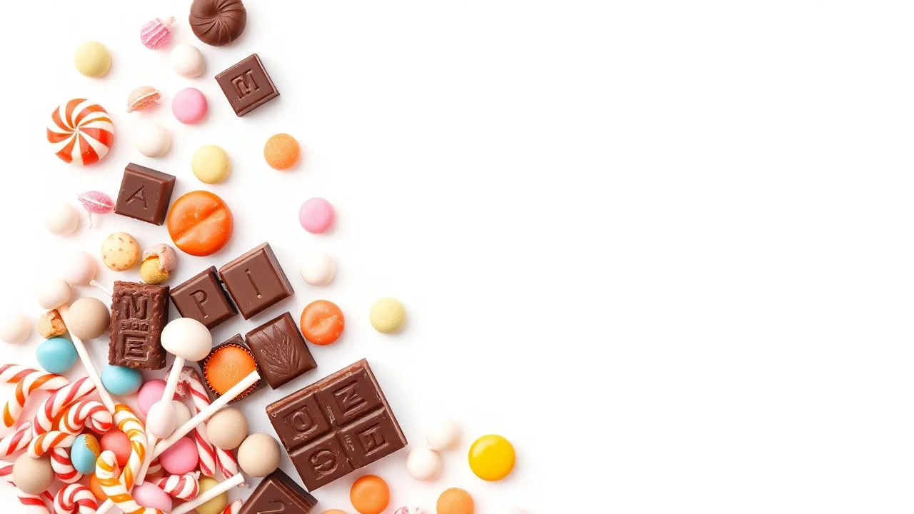 A beautiful image with a white, orange, and pale blue background theme, filled with chocolate, lollipops, and various colored pastels and candies on the left side of the image.
