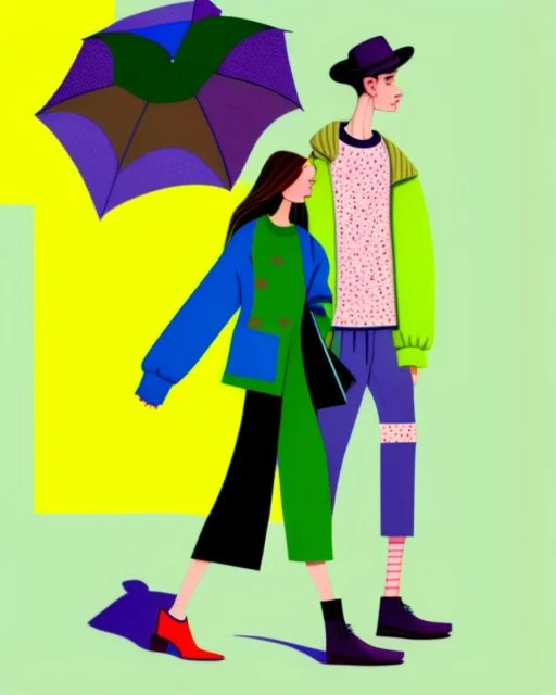 whimsical arafed nonsense, patchwork vibe, a young woman and a young man are strolling down a rainy whimsical downtown street with their arms linked, (((exaggerated body parts))), (((oversize head))), sharp color contrasts, amazing shadows, (((exaggerated limbs and head))), minimal cozy, warm palette, bright bold warm summer green yellow orange black colors, color leak, heavily distorted views, amazing parallels