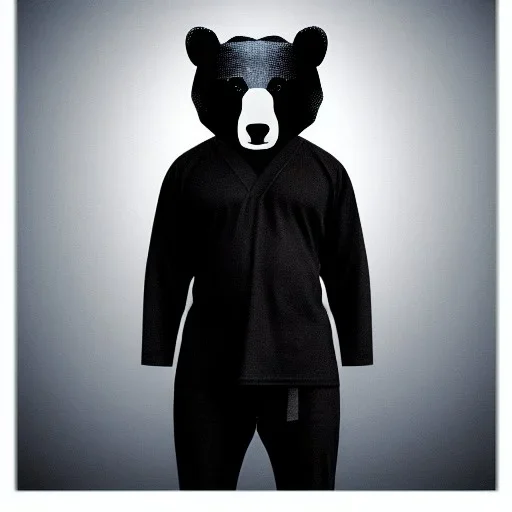 Ours, habillé comme un ninja, Portrait, très détaillé, très réaliste, sage, calme, mysterieux.