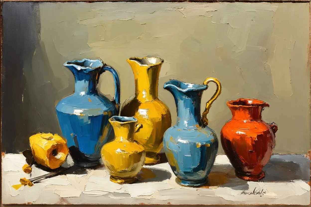 Oil painting of Vases and jugs in the style of frank Auerbach