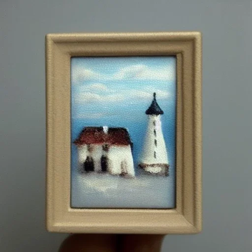 tiny oil painting of tiny seaside village, plain white background, solid white background, tiny white canvas, tiny white frame, melancholy, tender, moody, vintage, delicate arrangement, beautiful composition, etsy, aesthetic layout, plain solid white background