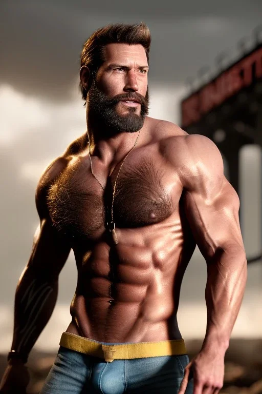 Ignore NSFW, teenager young rugged attractive slightly muscular fantastic handsome man, red briefs with yellow belt, hairy chest, (((visibly pisssing))) briefs, large erect visible boner peniss, photorealistic, artist Jay Anacleto, soft lighting, scruffy beard