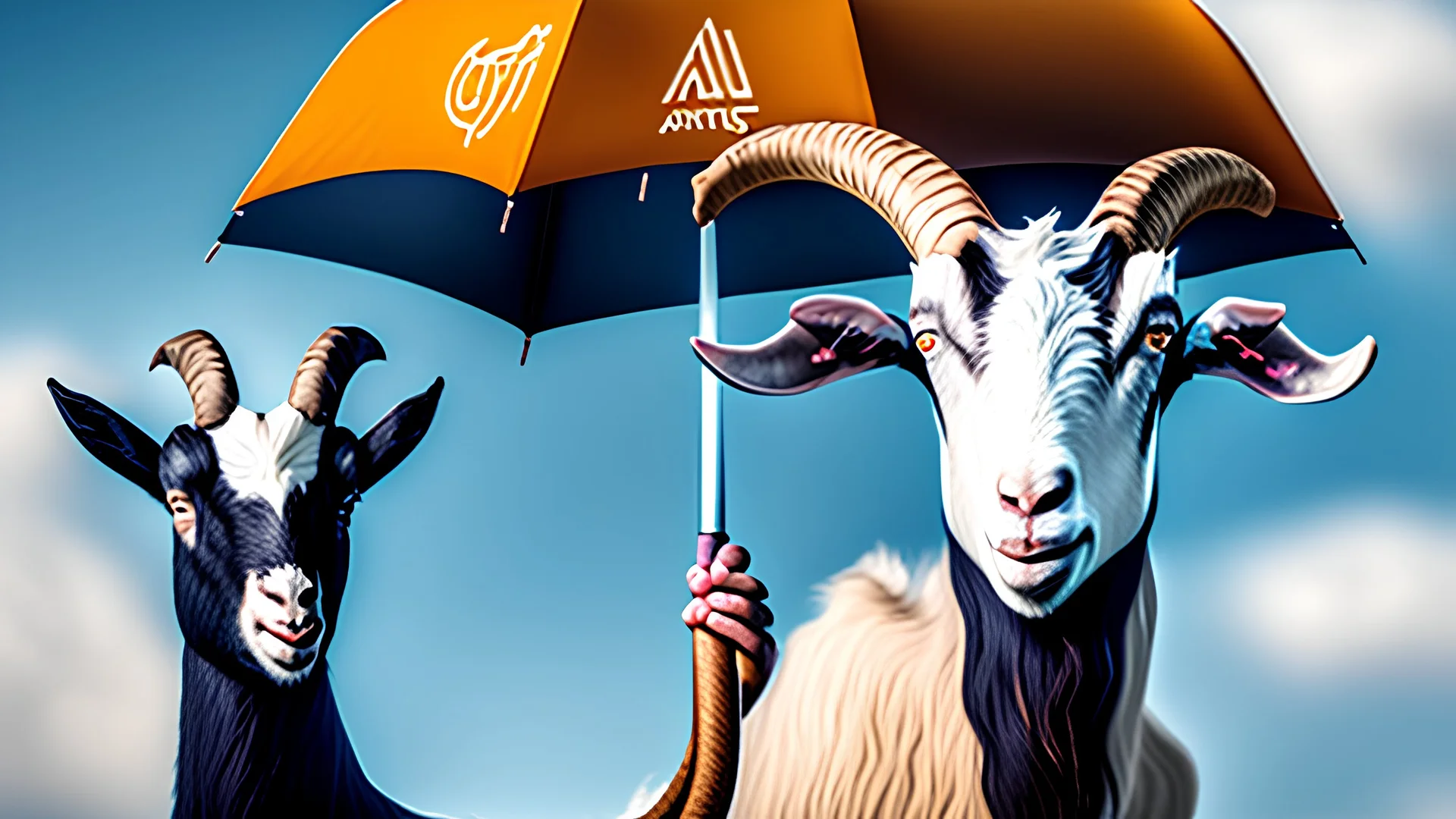 Goat holding a cisco branded umbrella in the AWS cloud