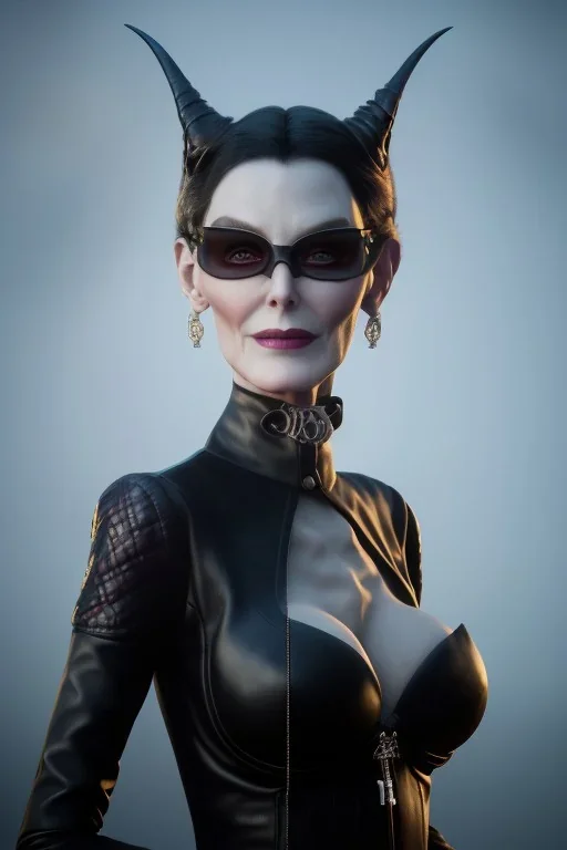 Carmen Dell`orifice as evil queen in black leather, leather, busty, cleavage, angry, stern look. character design by cory loftis, fenghua zhong, ryohei hase, ismail inceoglu and ruan jia. unreal engine 5, artistic lighting, highly detailed, photorealistic, fantasy