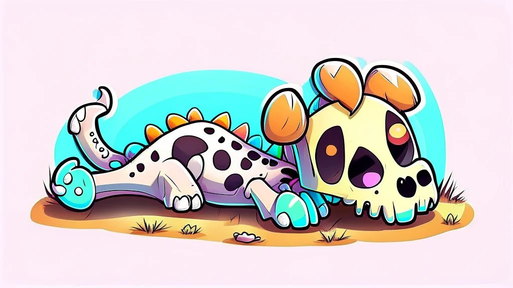 Cute chibi-style bony animal carcas, big ribs pointing up, lying on the ground, cartoony, colorful, exaggerated, simplified,