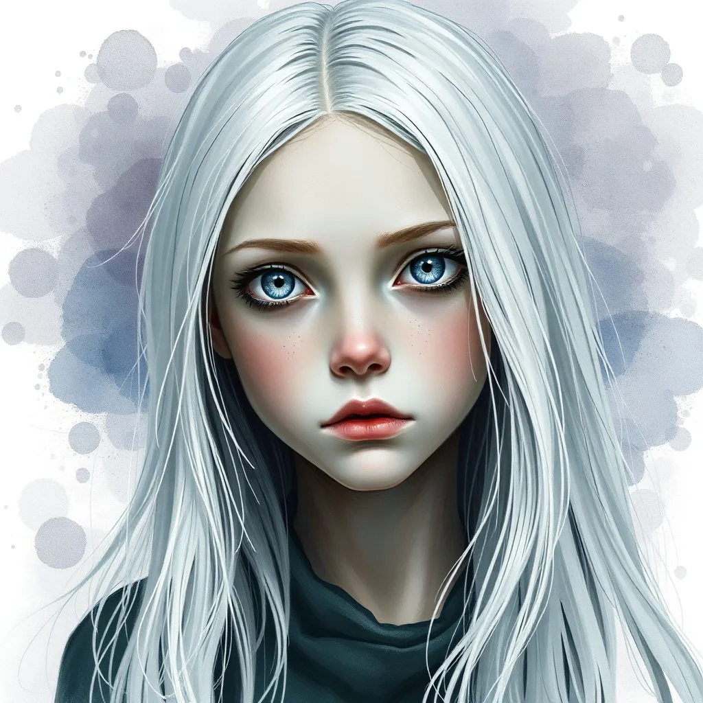 A young woman with long white hair, silver eyes, sickly complexion, very shy, watercolor splotchy background