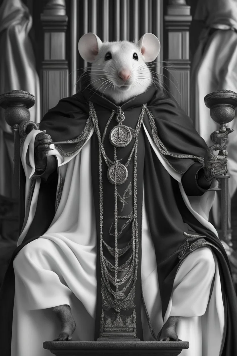 Rata antropomorfico vestida con toga negra y blanca de juez de justicia, calidad ultra, maximalista