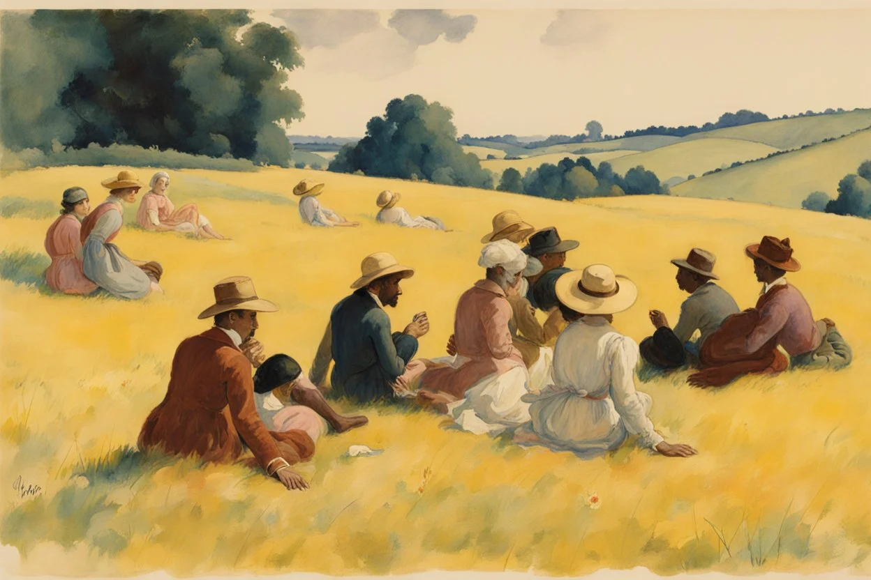 a group of people relaxing in a meadow by artist "Nolde",by artist "Richard Dadd", highly detailed