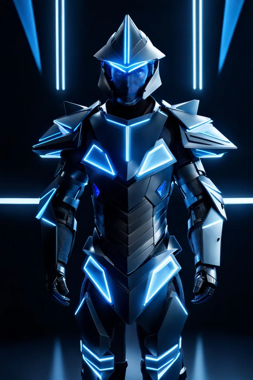 neon blue, flying parts of armor in form of triangles, cyber armor, geometric patterns on armor, male, orbiting triangle, armor drones