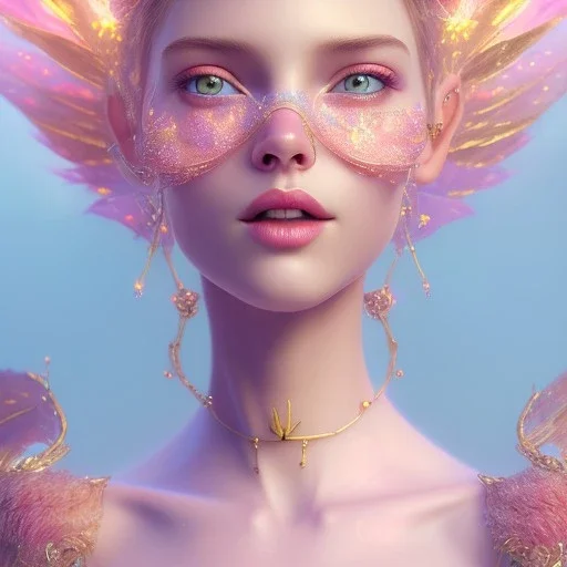 fairy, pink, blue, beautiful, happy smile, gold, jewels, hyperrealism, masterpiece, expert, cinematic lighting, sharp focus, 8K, pastel, macro lens, woman, detailed, flower