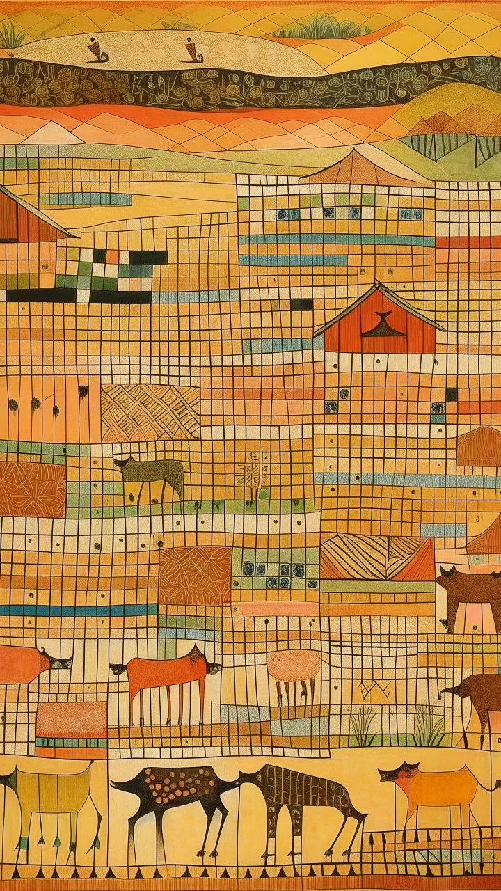 An orangish beige normal village with animals designed in Australian aboriginal art painted by Paul Klee