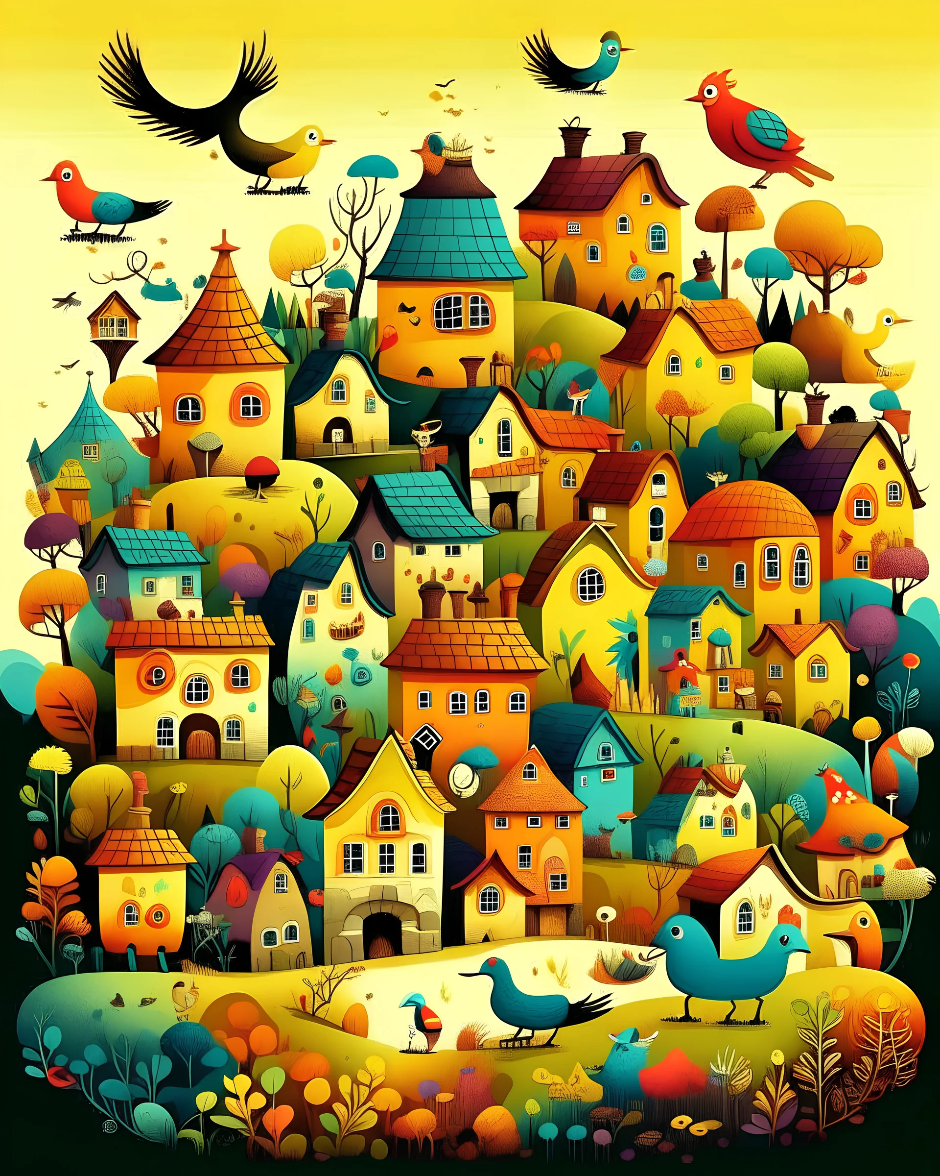 village, TINY animals SURREAL, MASTERPICE, TINY BRAINS, TINY forest, TINY house, TINY birds, colorful, vector