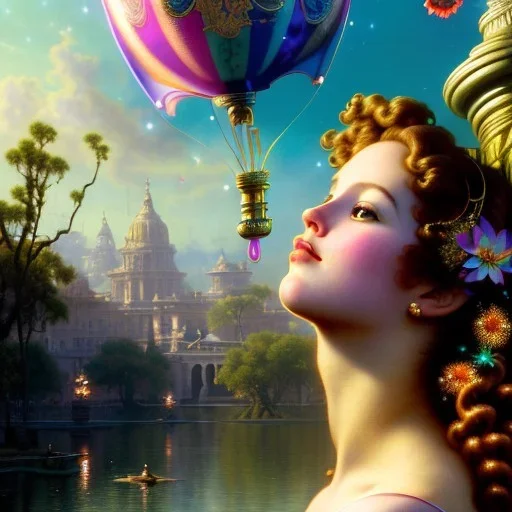 Hyperdetailed oil on canvas, young robyn lively by an ornate fountain, goldfish pond, lotus, detailed face, long muti-hued red curly hair; by gaspar camps, maxfield parrish, alphonse mucha, cyril rolando, dan mumford; luminous colorful sparkles, glitter, airbrush, octane render, volumetric lighting, 16k