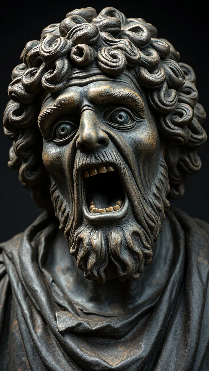 Ceramic style statue all colours are dark of an old church man from the 1200 BC , the head of dead man with thick curly hair and his eyes are open wide and open mouth with rage ,