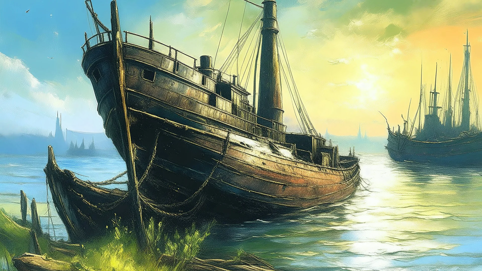 surreal and dreamlike, A close-up of a derelict ship rusting in a deserted harbor at sunset, with the sun casting a warm orange glow on the weathered hull and broken masts, surrounded by debris and overgrown weeds., saturated, pastel, dreamy atmosphere, liquid psychedelic