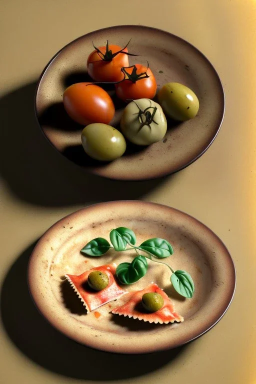 Ravioli by renaissance style still life oil painting, dish, natural tomato, albahaca, olives, oil olive, moisture, art, natural, chef, high kitchen, smooth, gradient color background, unreal engine 5, ray tracing, RTX, lumen lighting, ultra detail, volumetric lighting, 3d.