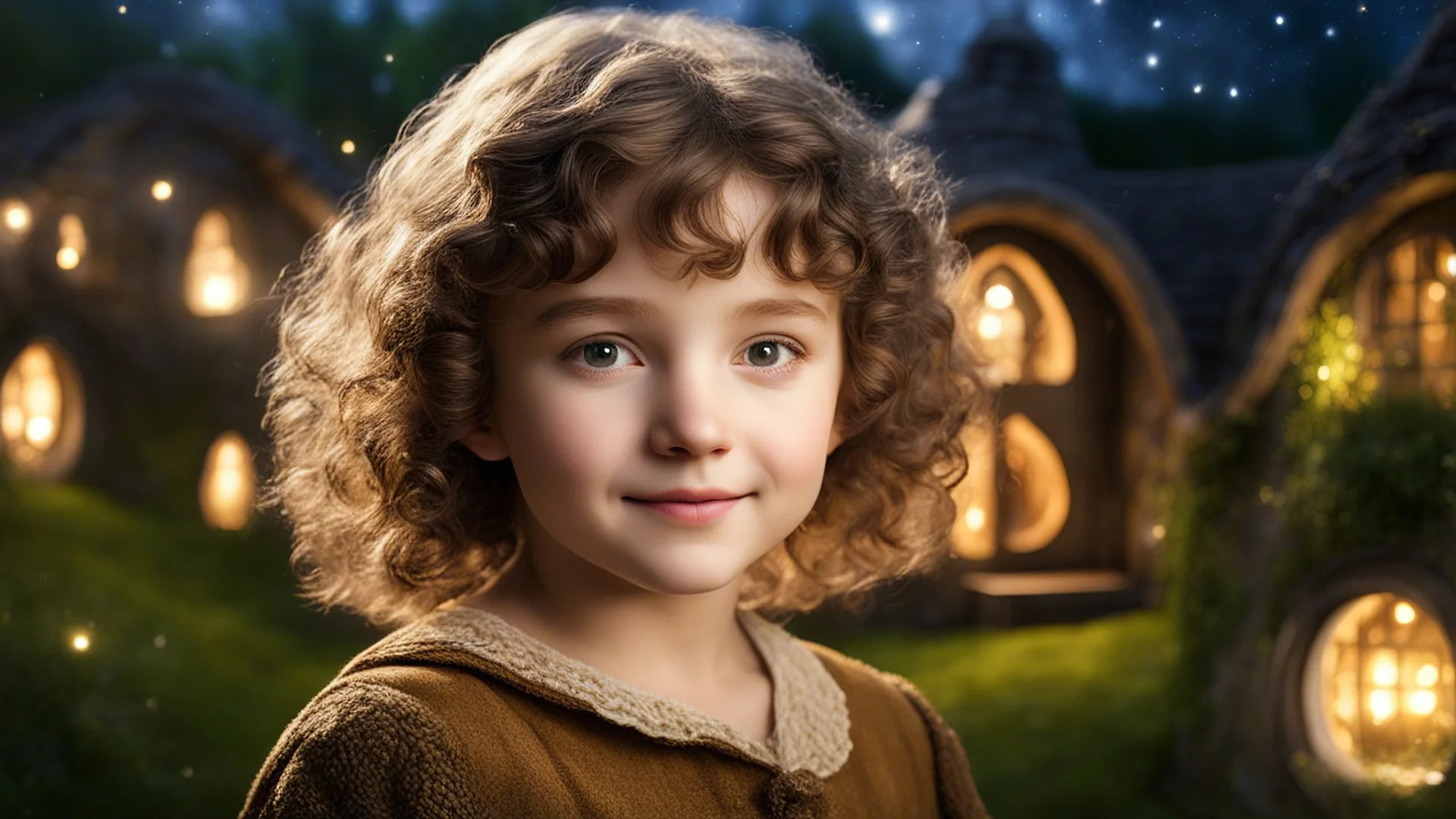 little young hobbit girl, beautiful, confident, calm, wise, happy, innocent, facing camera, head and shoulders, curly hair, hobbit clothing, perfect eyes, LOTR village, hobbit homes with circular windows and round doors, night scene, stars, fireflies, 16k artistic photography, exquisite composition, photorealistic concept art, soft natural volumetric light, chiaroscuro, award-winning photograph, masterpiece, style William-Adolphe Bouguereau