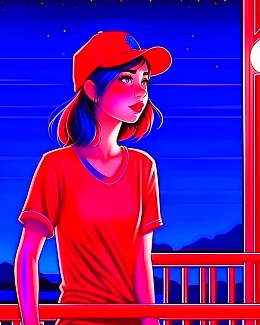 woman with a red baseball hat. leaning on a wooden balcony. night time. fantasy. cartoon. studio lightining.