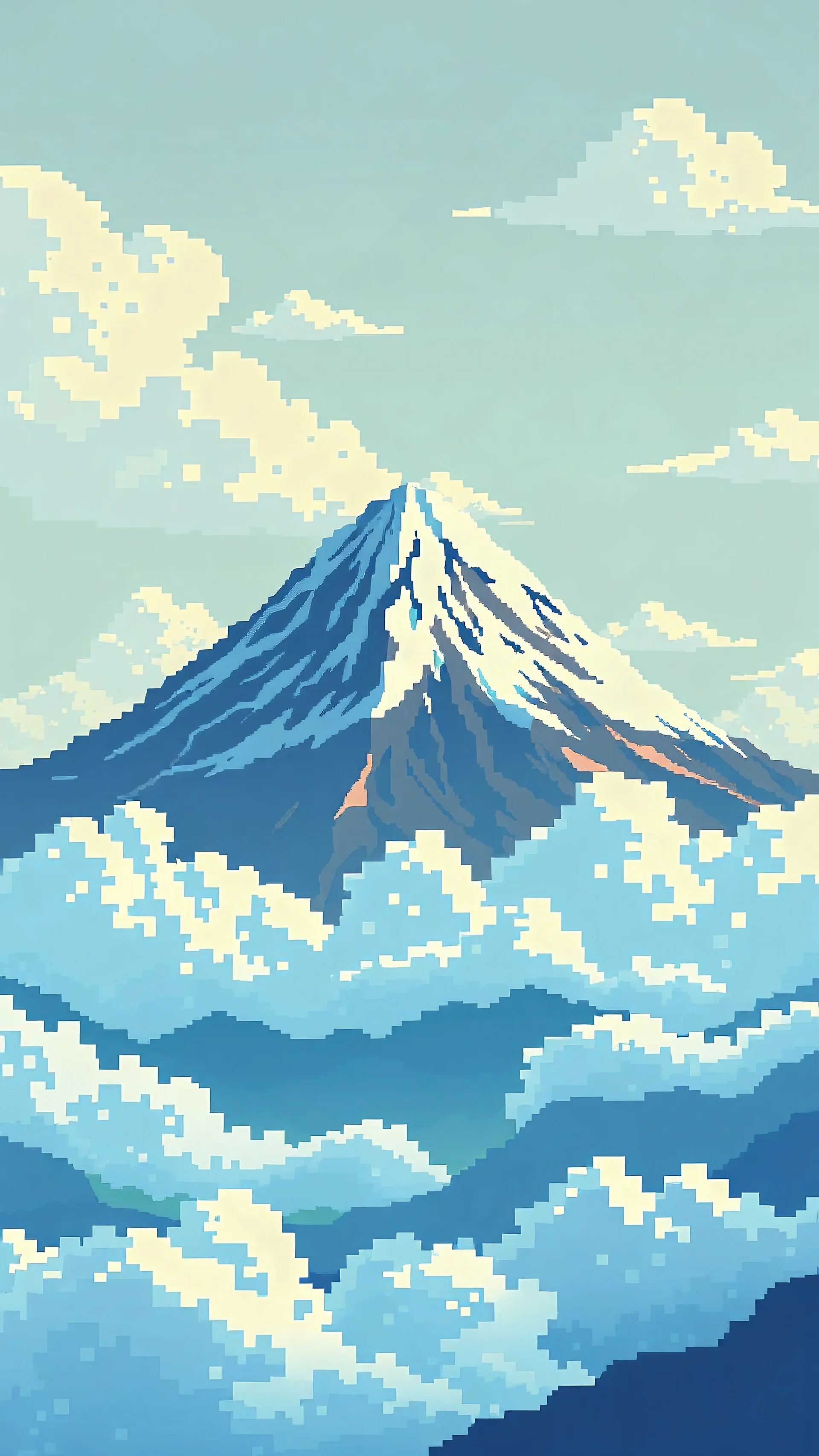 A parallax pixel art background for a vertical 2D platformer game with clouds and mount fuji in the background, light colors, clouds on a different layer