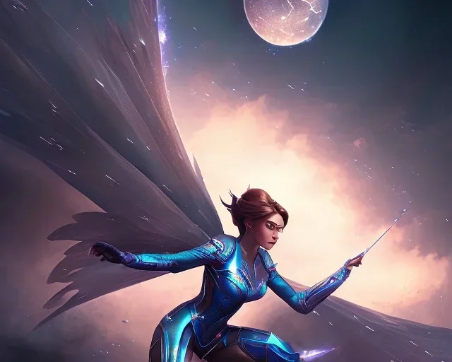 a fairy flying by Magny style, riot game style, digital painting style, dramatic pose. cinematic lighting,high details, space atmosphere,trending on artstation