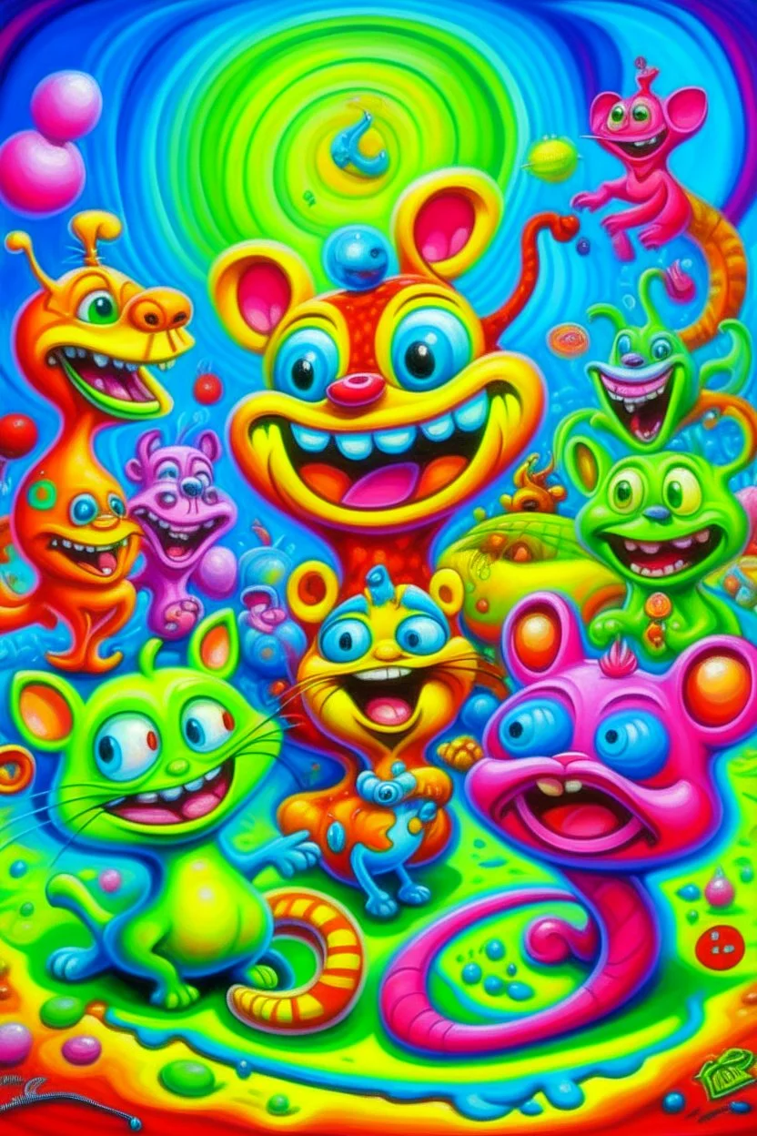 Lowbrow Pop Surrealism , A Whimsical high energy happy 1950’s Transparent Gelatin Animal Mascot Character parade, Oil Painting by Kenny Scharff