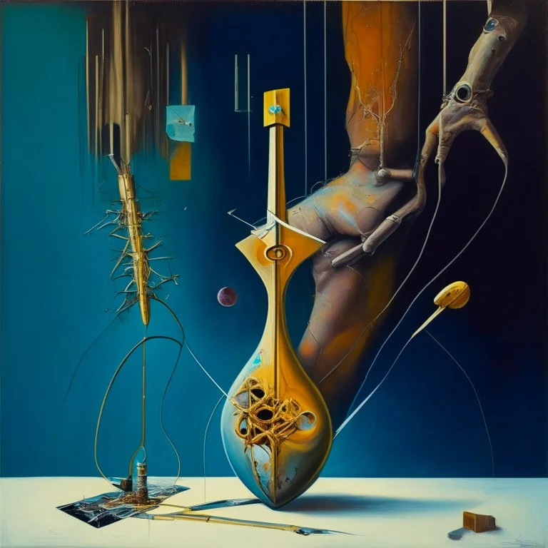 Abstract painting formed by a mix of human flesh-like surgical instruments and universe-like musical instruments,neuralink,minimalism,Painting By Adrian Ghenie, Rene Magritte, Salvador Dali, Lucian Freud