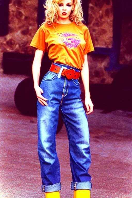 year 1996 denim fashion. Loose, baggy, low waist Combat pants and t-shirt. Colors: denim blue, blue, purple, cream, khaki, light green, lilac, plum, orange, terracotta, red, light yellow, lion yellow, pink, dark blue, beige. leopard, Cheetah, wide belt. Latex in small part. Kylie Minogue, Tyra Banks,Julia Roberts. leg warmer. Cargo pants.