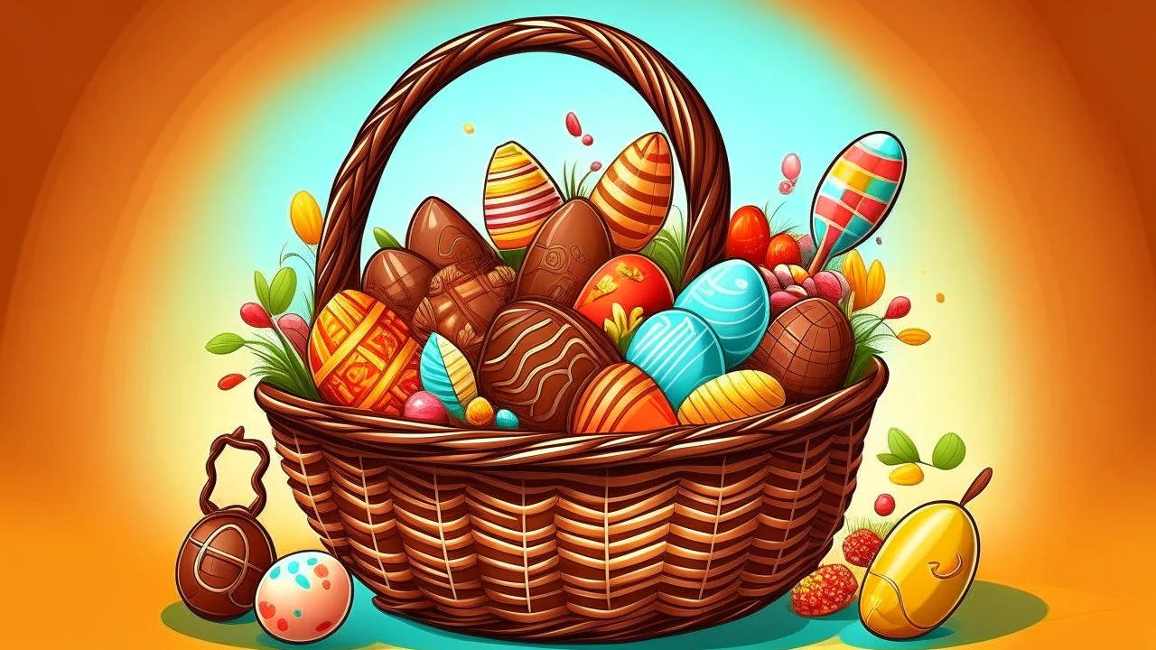 Fantasy cartoon illustration: a basket full of chocolate treats