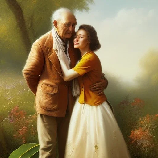 blowing leaves::woman’s pro"auto"> oil canvas of a old men and woman giving each other a hug