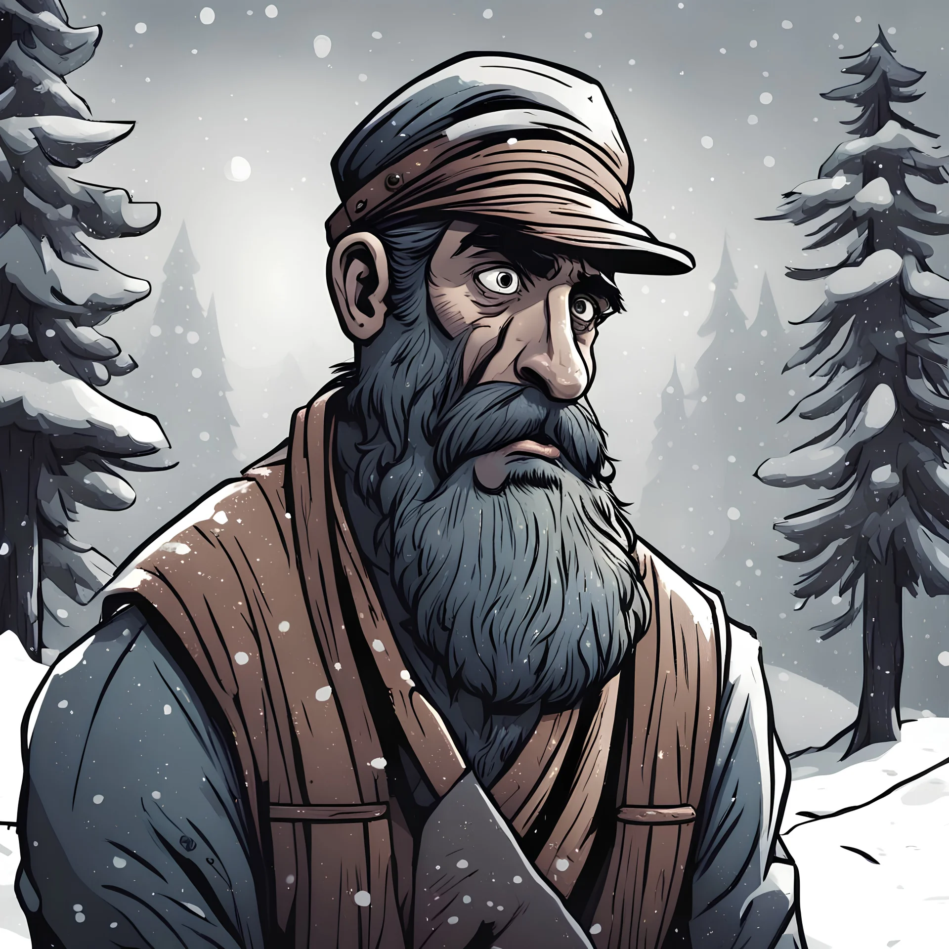 Gilani woodcutter on a snow . sad . long nose . dark comic style