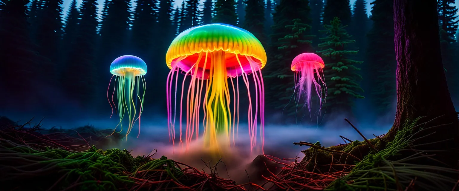 giant bio luminous Rainbow floating high, 12 long JellyFish, smaller jellyfish above everything, light floating in a forest, mist, light trails, nighttime, long exposure, Treeline, Alberta, scientist, Dystopian, Hyper detailed, Realistic, Extreme depth of field, bokeh blur, Alberta all-natural, National Geographic, in the style of candid, imperfection, natural lighting, cinematic, Fuji Film, Anamorphic lens, 2040s, --ar 4:5 --w 150 --style raw