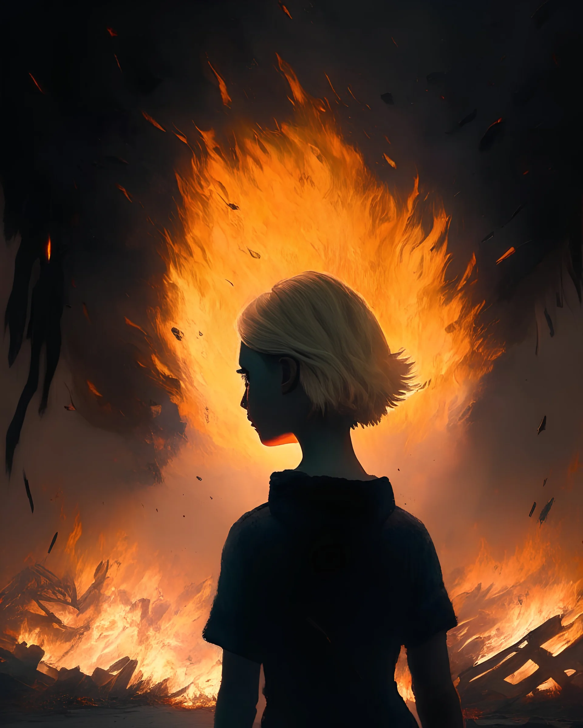 We see an 18-year-old girl with short blonde hair from behind, who walks in the blackness and erupting hole of fires.