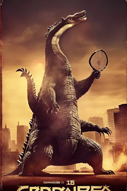 dangerous old godzilla in 1928 poster advertising racoon tennis, raccons flying in air between tennis rackets while humans::4 use them as a tennis ball, evil, crazy arms