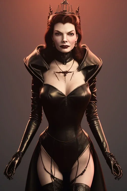 Lauren Bacall as evil queen in black leather, leather, busty, cleavage, angry, stern look. character design by cory loftis, fenghua zhong, ryohei hase, ismail inceoglu and ruan jia. unreal engine 5, artistic lighting, highly detailed, photorealistic, fantasy