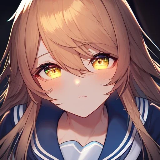 Clear focus,8k,Beatiful Lighting,Beatiful Blur,Beatiful Face,Beatiful Shading,Amber long hair,fluffy hair, long fluffy bangs, Cyan eyes, wearing a sailor uniform, Extreme Close Up