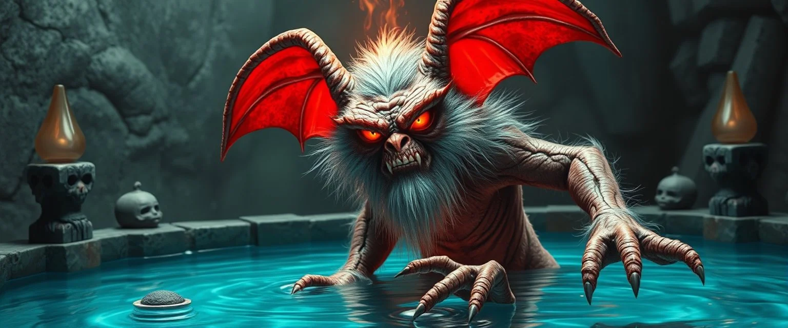 smite by god was the evil furry goblin gremlin man in a pool in the style of Escher and Giger.