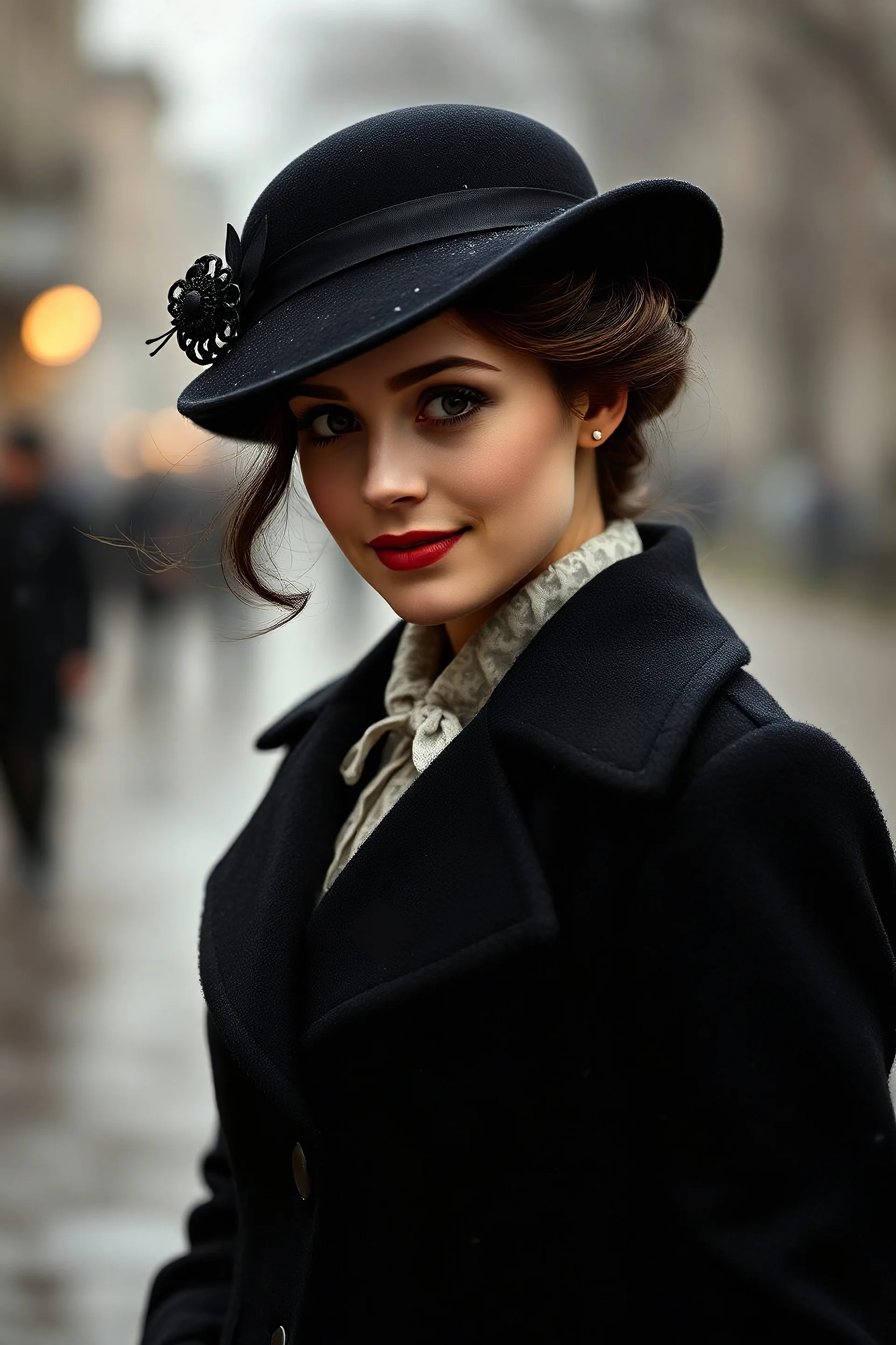 a brunette maid 1910s in a dark coat vintage round hat half-smile profile beautiful face windy weather noir full body