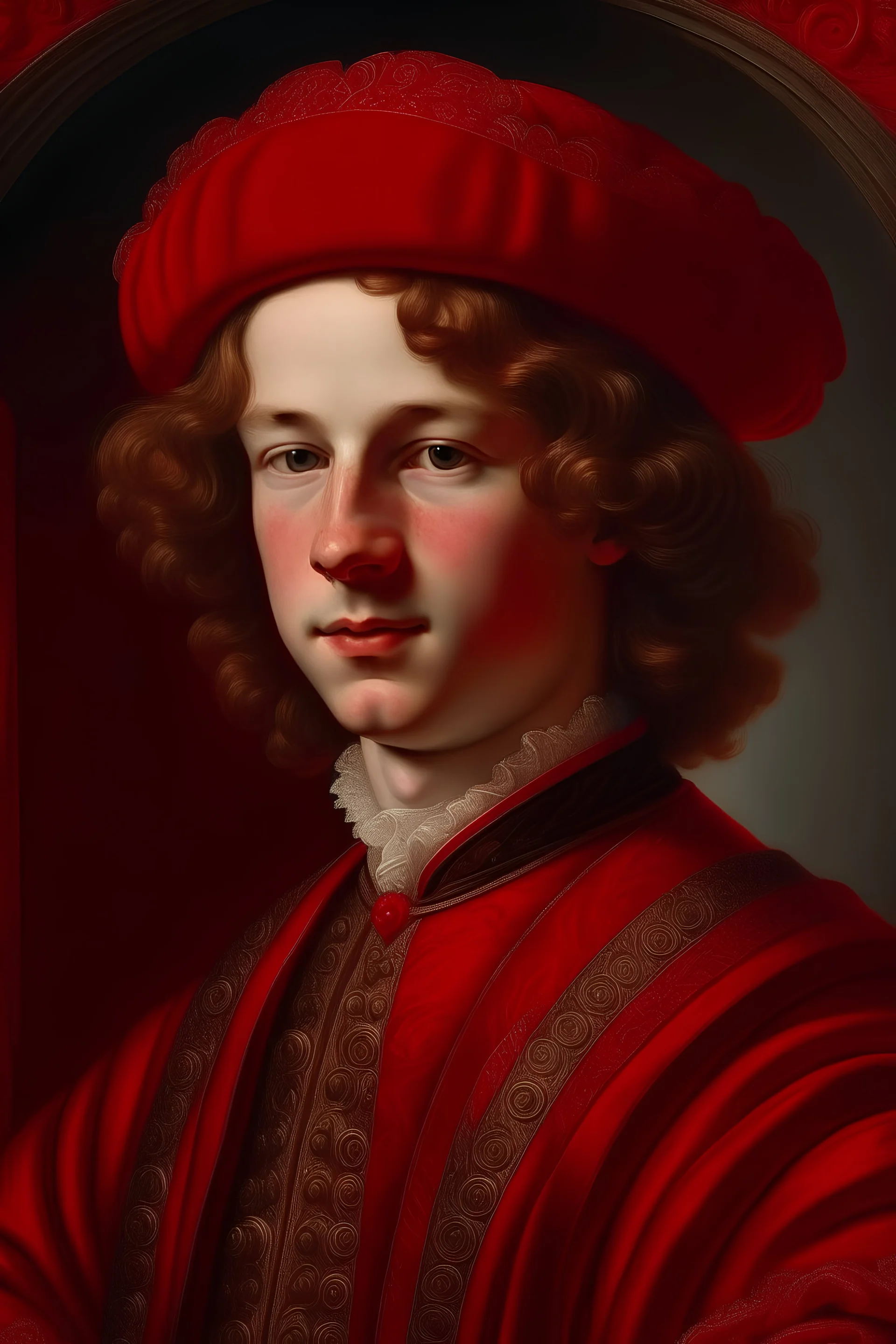 Generate a 17th century portrait of a young european King on at his coordination in red