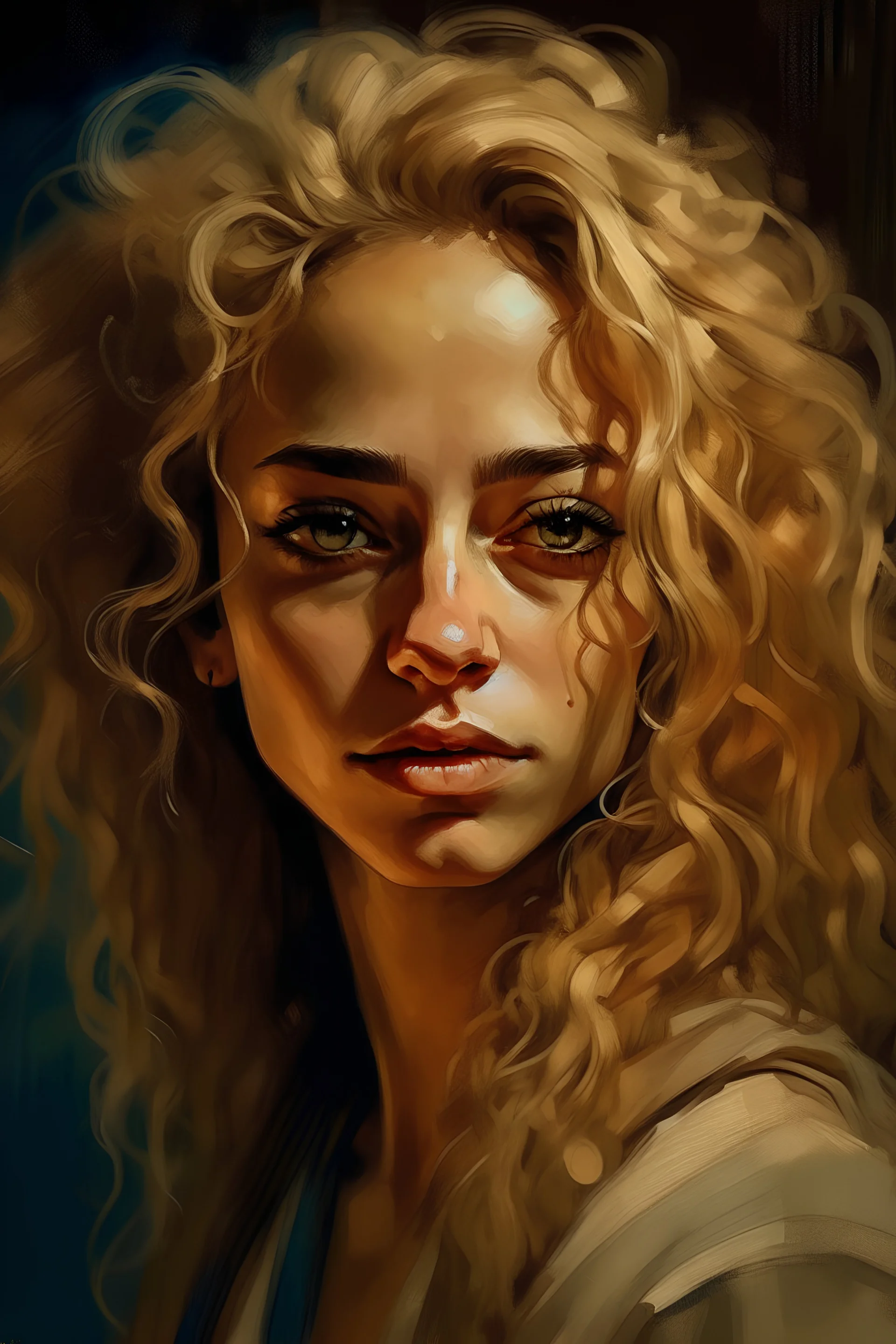 Beautiful Moroccan woman, 40 years old, wavy hair, beautiful big , symmetrical eyes, blond hair, painterly style, detailed, 8k, by Ashley Wood. –ar 2:3 –stop 80 –uplight” (Wanita Maroko cantik, 40 tahun, rambut bergelombang, mata besar indah, simetris, rambut pirang, gaya pelukis, detail, 8k, oleh Ashley Wood. –ar 2:3 –berhenti 80 –naik)