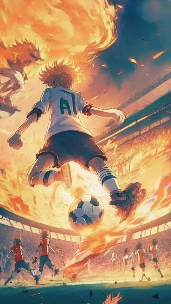 anime soccer player kicking a ball covered in fire, crowded stadium in the background