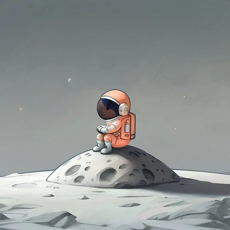 A whimsical digital illustration of a cartoonish astronaut, delicately rendered in soft pastel hues, sitting on a tiny, cratered moon, lost in thought as they stare out into the vast, starry expanse of empty space, their bright orange spacesuit a pop of color against the muted, celestial backdrop, with subtle texture and gentle shading adding depth to the minimalist composition, evoking a sense of wonder and contemplation, as if pondering the mysteries of the cosmos, amidst the eerie silence of