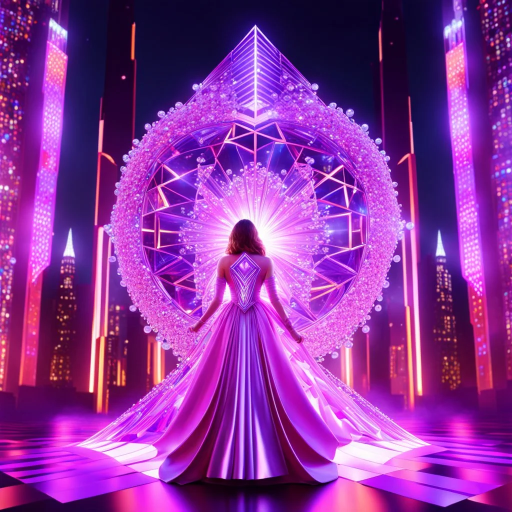 very complex CIFY structure ,pretty viberating color environment 3d metalic and crystal recursive evolving and animating beveled geometric base very complex CIFY structure emiting bubbles that broke, goddess of love in a pretty cleric dress comes out dancing gracefully , viberating color moving very in modern city escape environment while camera tracking it.write in down screen 3d animating"Made in Grok By:J.Babakan"