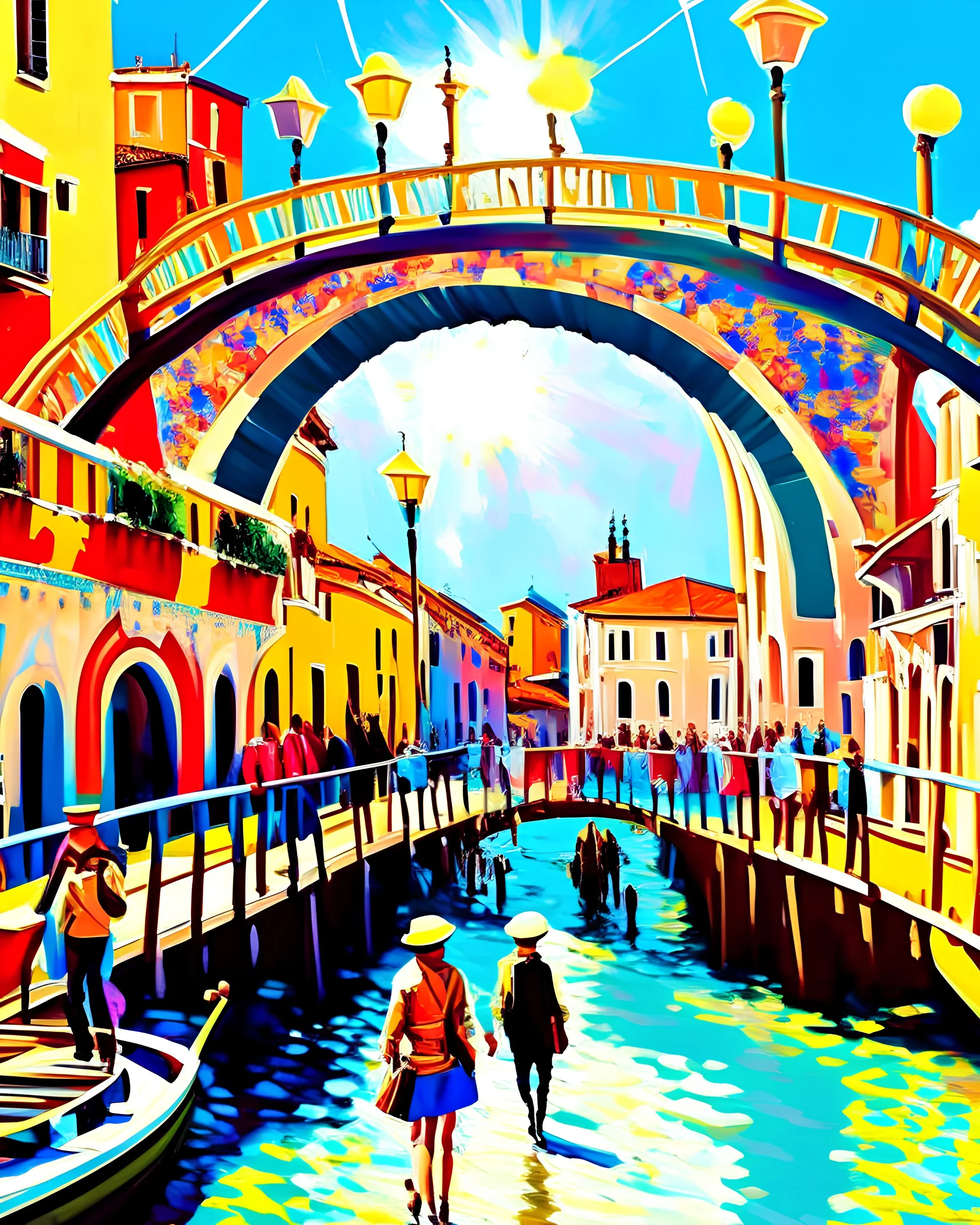 Pintura arte Pop de Venecia canal puente peatonal gente cielo soleado obra de arte 4k