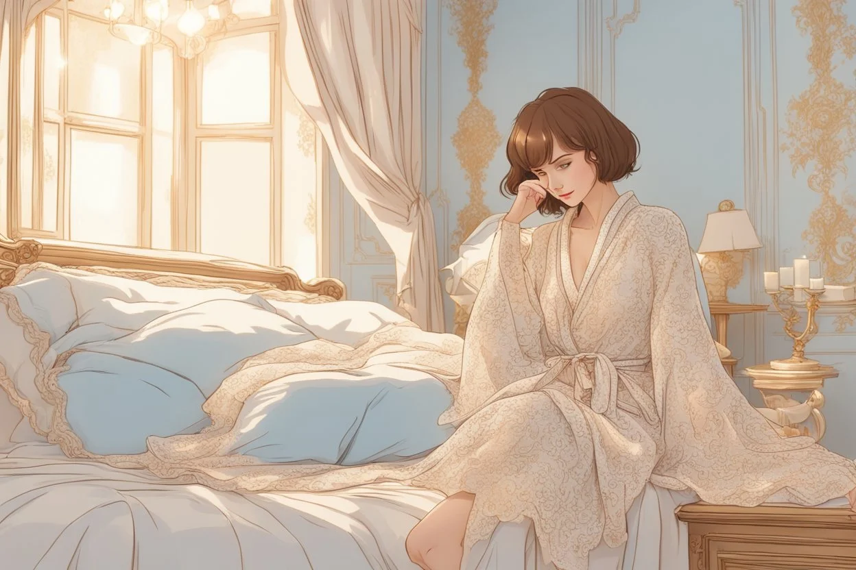 A beautiful woman with short brown hair in pastel blue lace robe is lying on a bed in a cute luxurious bedroom gold tapestry in the candlelight