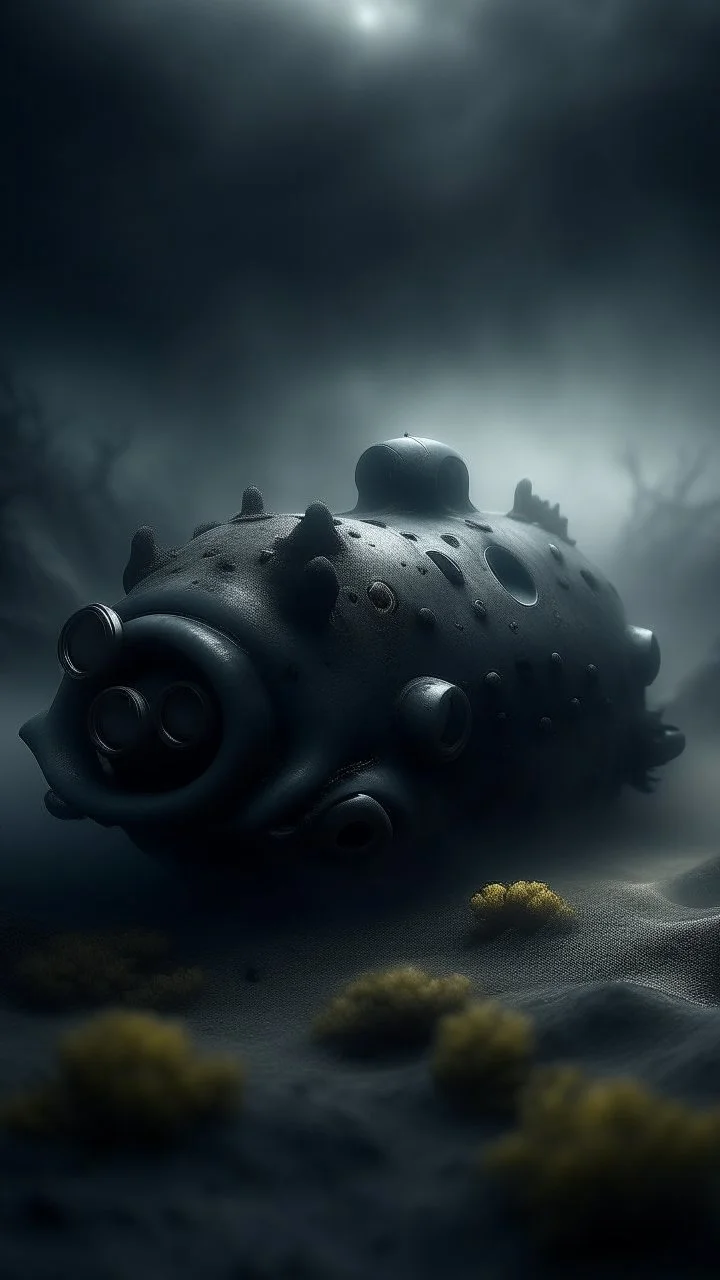 ,surrealism of the dark of a nightmare , hyper photorealistic, hyper detailed bright art color, high resolution, fog, octane render, tilt shift, HDRI Environment, all pictures dark gray, a torpedo