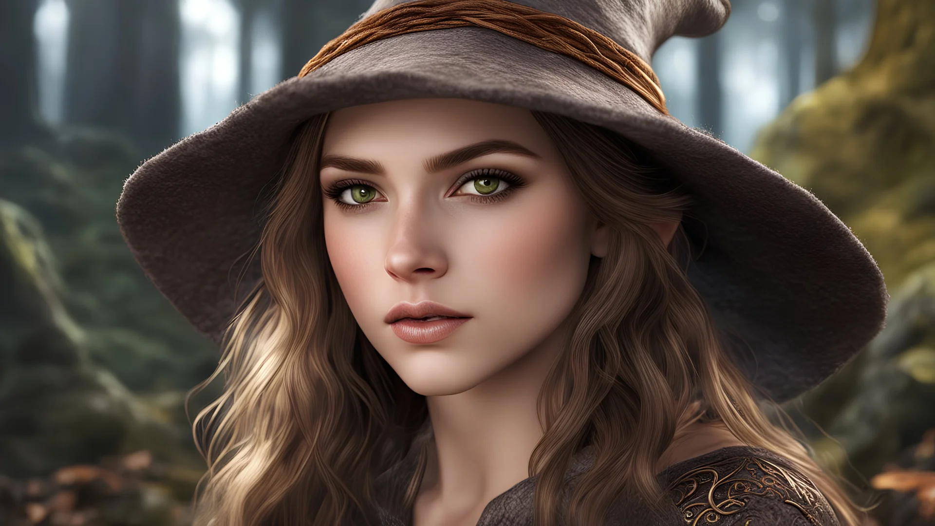 photorealistic, 35mm, intricate details, hdr, intricate details, hyperdetailed, natural skin texture, hyperrealism, sharp, 1 girl, adult (elven:0.7) woman, freckles, grey eyes, chestnut layered hair, portrait, looking down, solo, half shot, detailed background, witch hat, witch, magical atmosphere, hair flowing in the wind, red trimmed light colored clothes, whirlwind of swirling magic spell in the air, dark magic, (style-swirlmagic:0.8), floating particles,