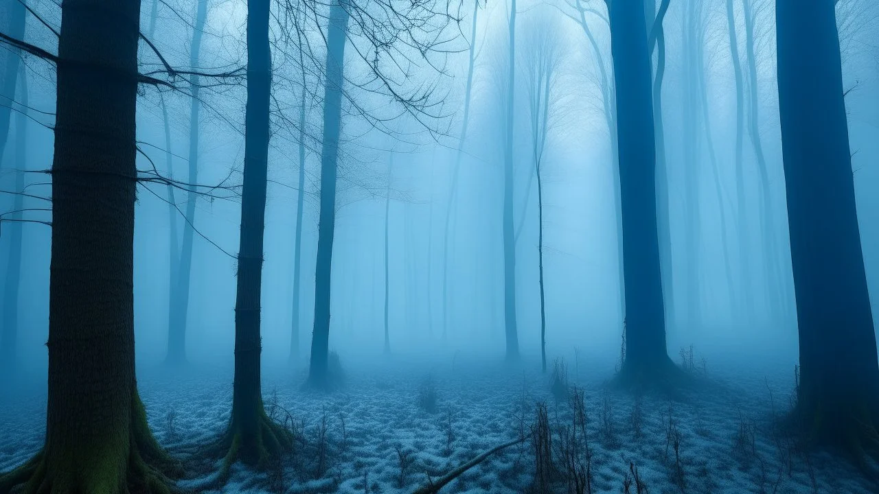 A cyan forest covered in thick fog designed in German folk art